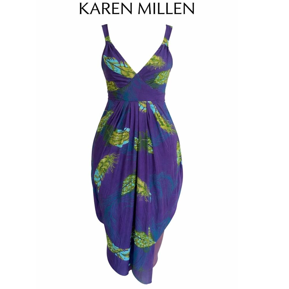 Karen Millen England Peacock Feather Draped Dress | Purple Blue | Small